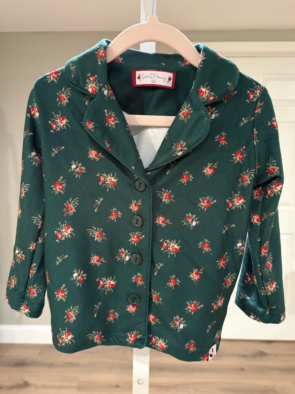 Sweet Honey Pajama Set, Long Sleeve Button Down, Dark Green/Roses, Holiday